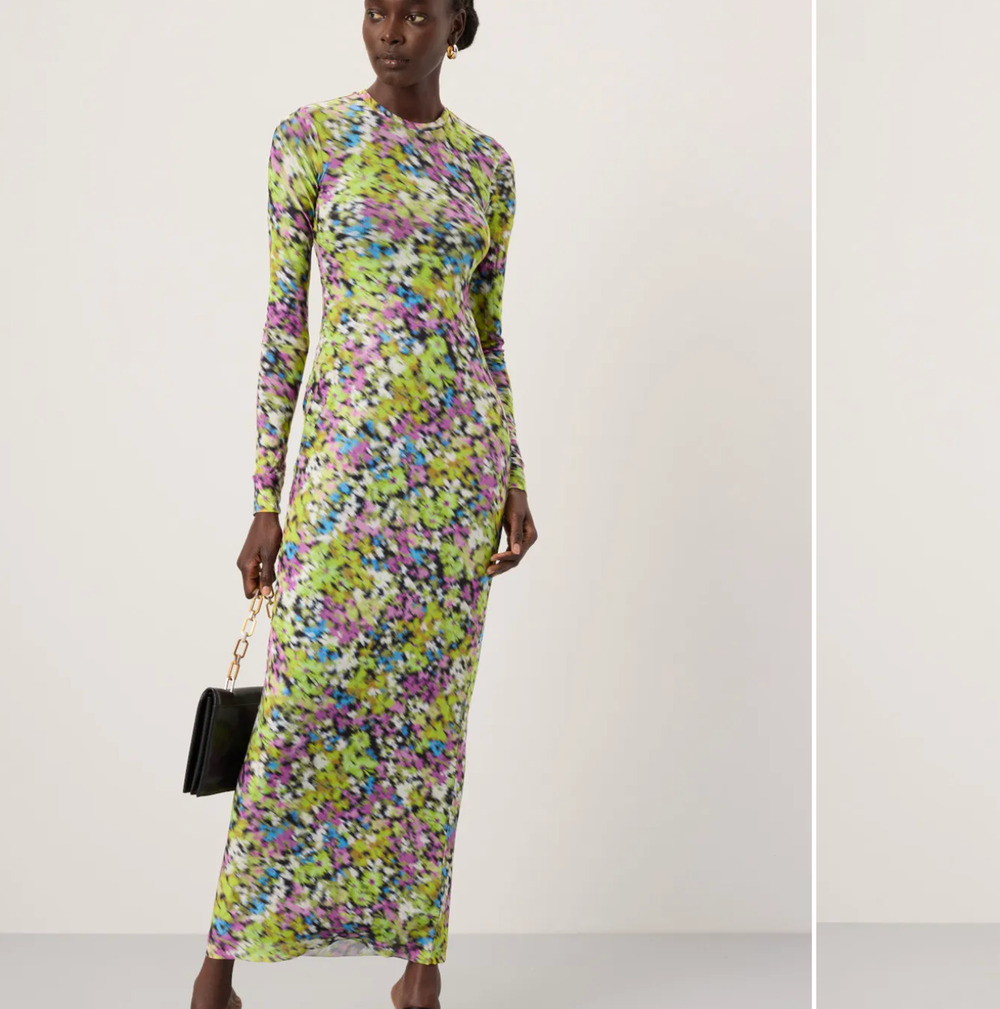 AFRM Abstract Mesh Maxi Dress XS Bodycon Slinky Long Sleeve Didi Designer $90
